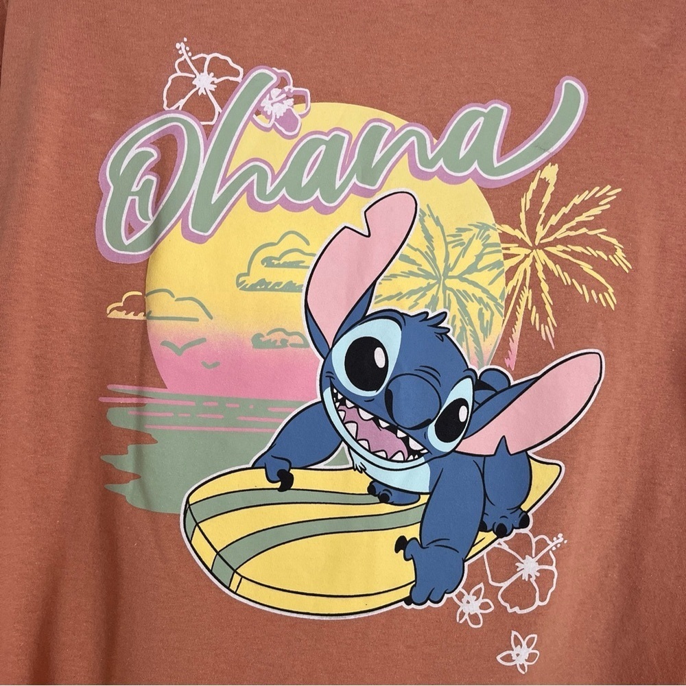 DISNEY, STITCH TEE SHIRT, Logo Front & Back, Adult L, Peach/Coral, Cropped Ohana - Picture 4 of 9